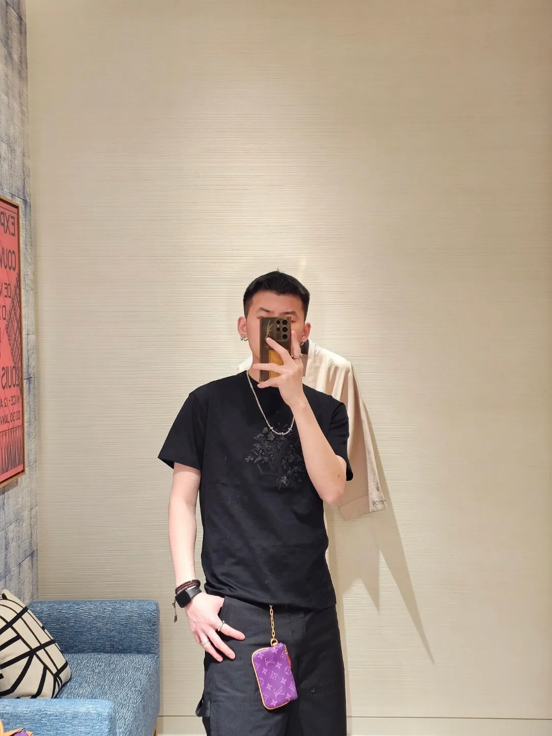 Louis Vuitton/Louis Vuitton floral embroidered checkerboard short sleeves